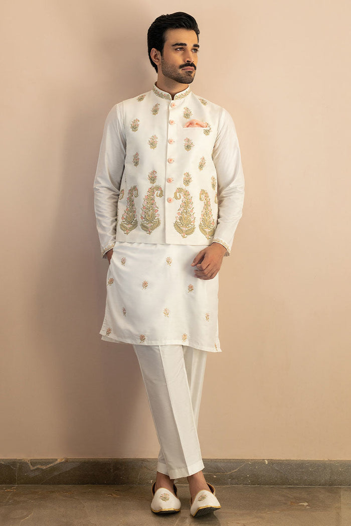White Raw Silk Waistcoat with Copper Embroidery – JKT1331