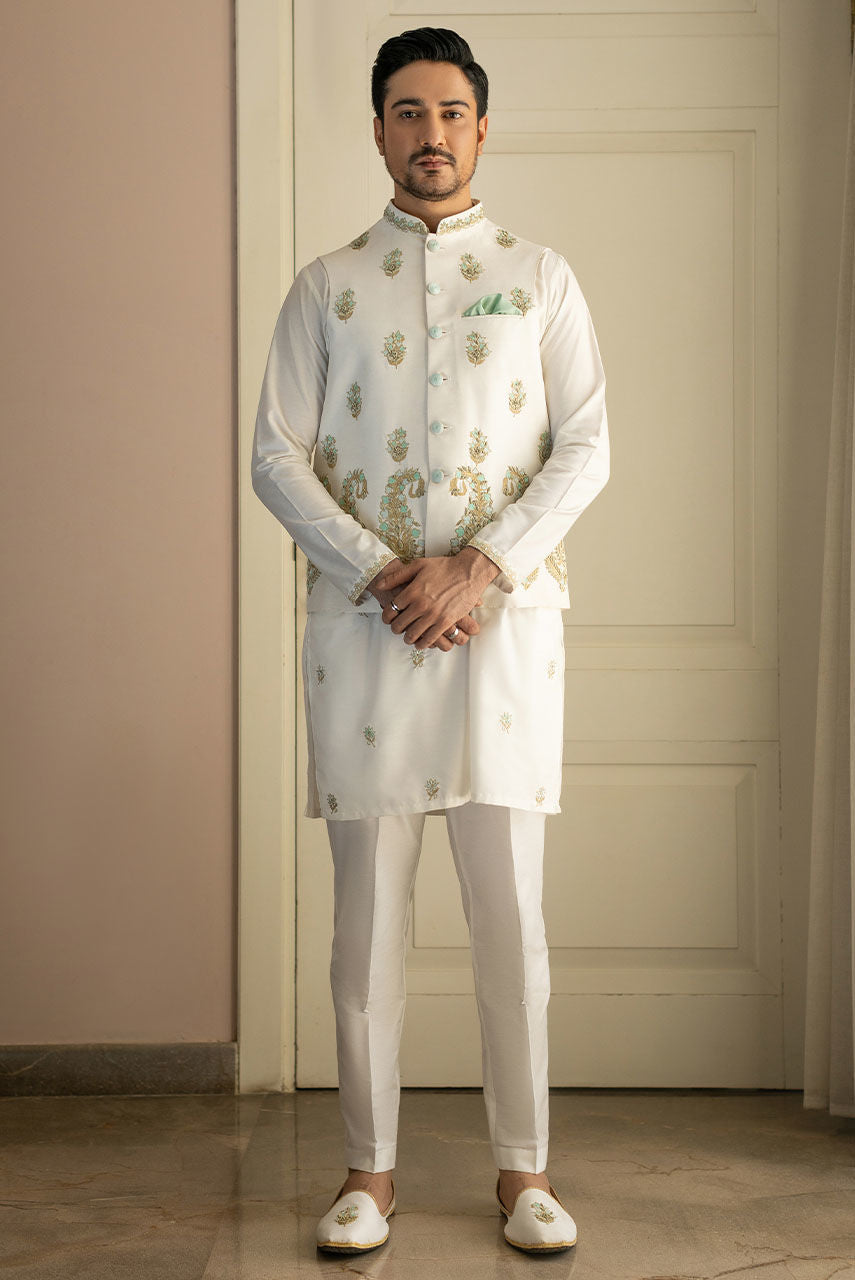 Ivory Raw Silk Waistcoat & Kurta with Copper Embroidery – JKT1332