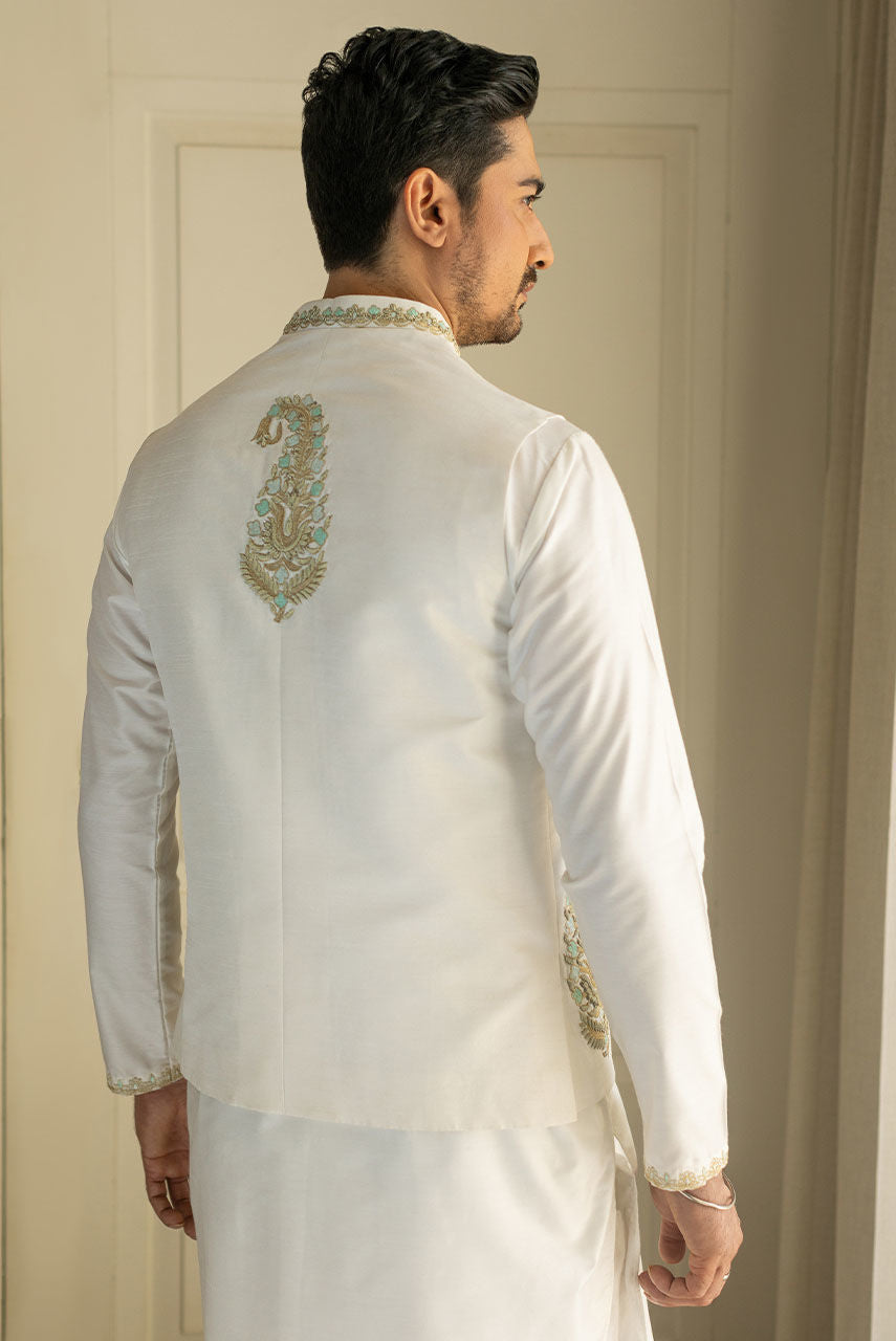 Ivory Raw Silk Waistcoat & Kurta with Copper Embroidery – JKT1332