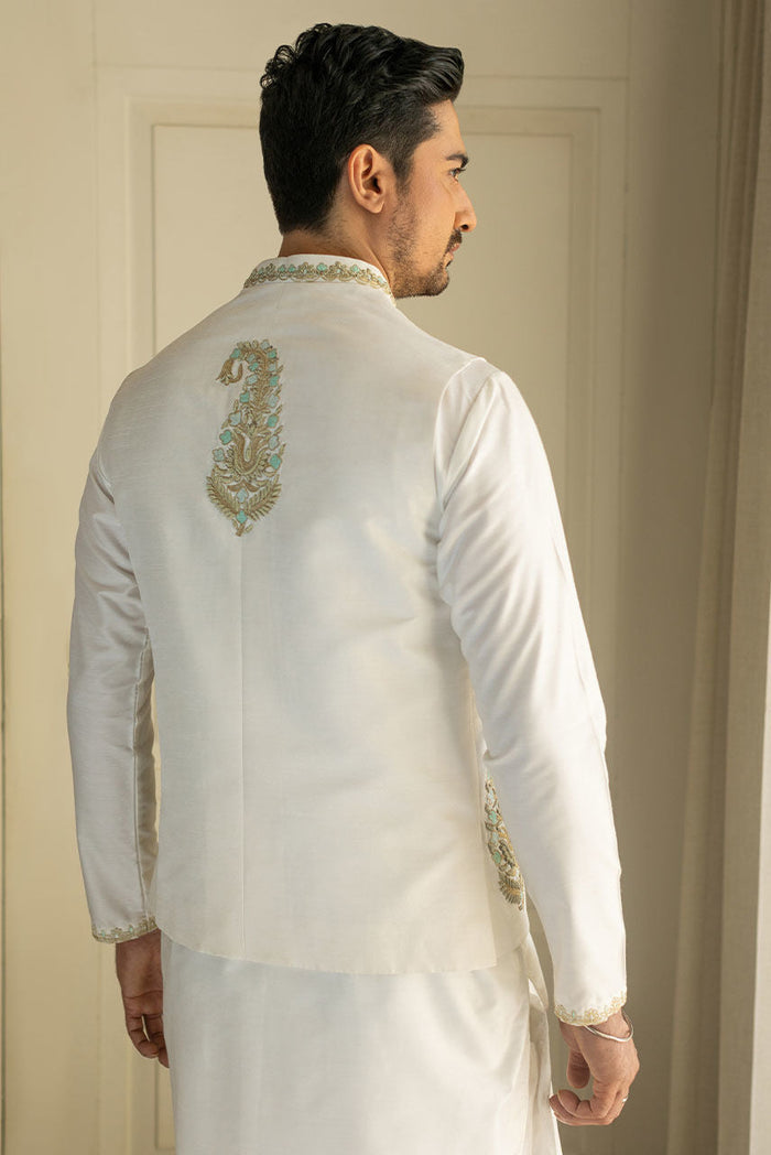 Ivory Raw Silk Waistcoat & Kurta with Copper Embroidery – JKT1332