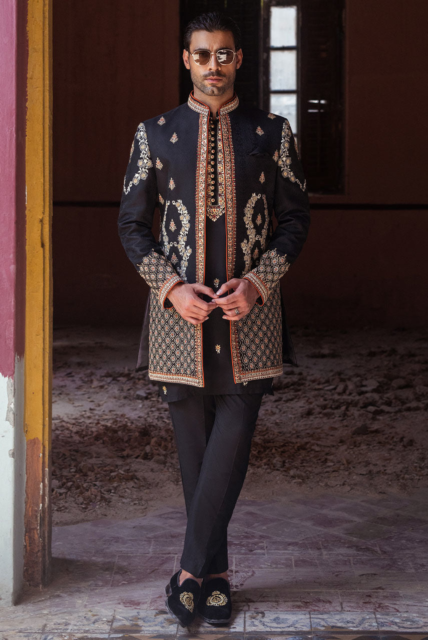 Black Raw Silk Embroidered Jacket & Kurta Pajama – JKT1441