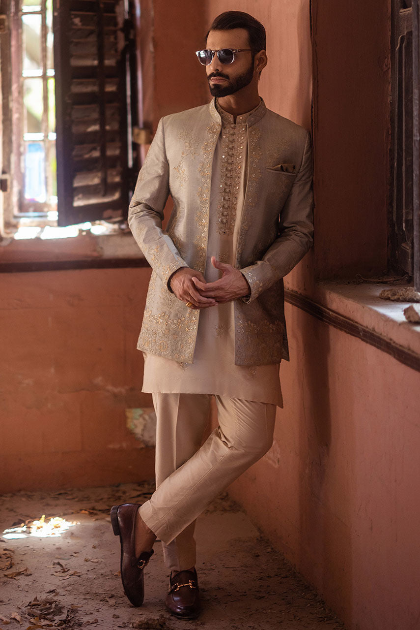 Light Grey Raw Silk Jacket & Beige Kurta Pajama – JKT1443