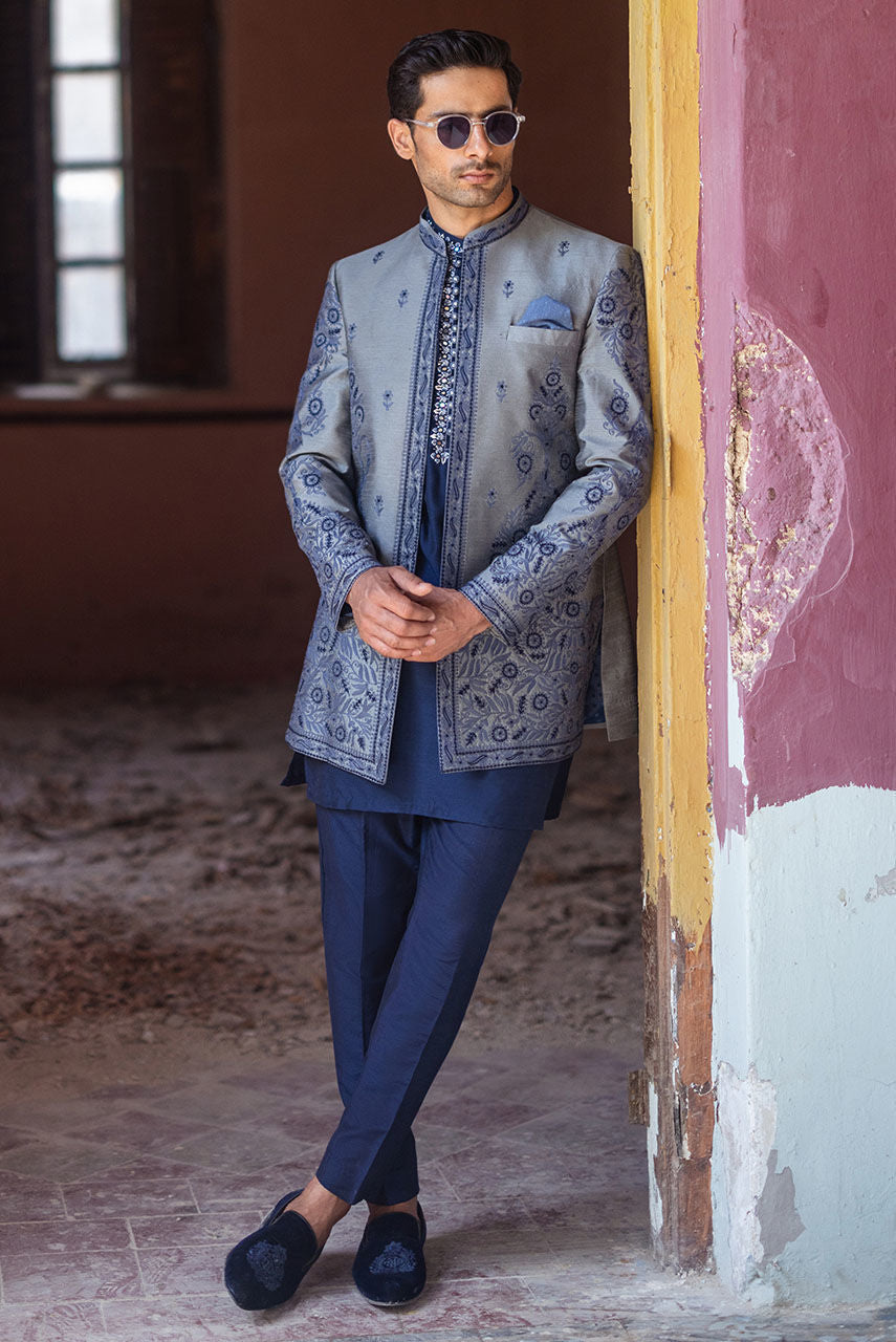 Silver Grey Raw Silk Jacket & Blue Kurta Pajama – JKT1442