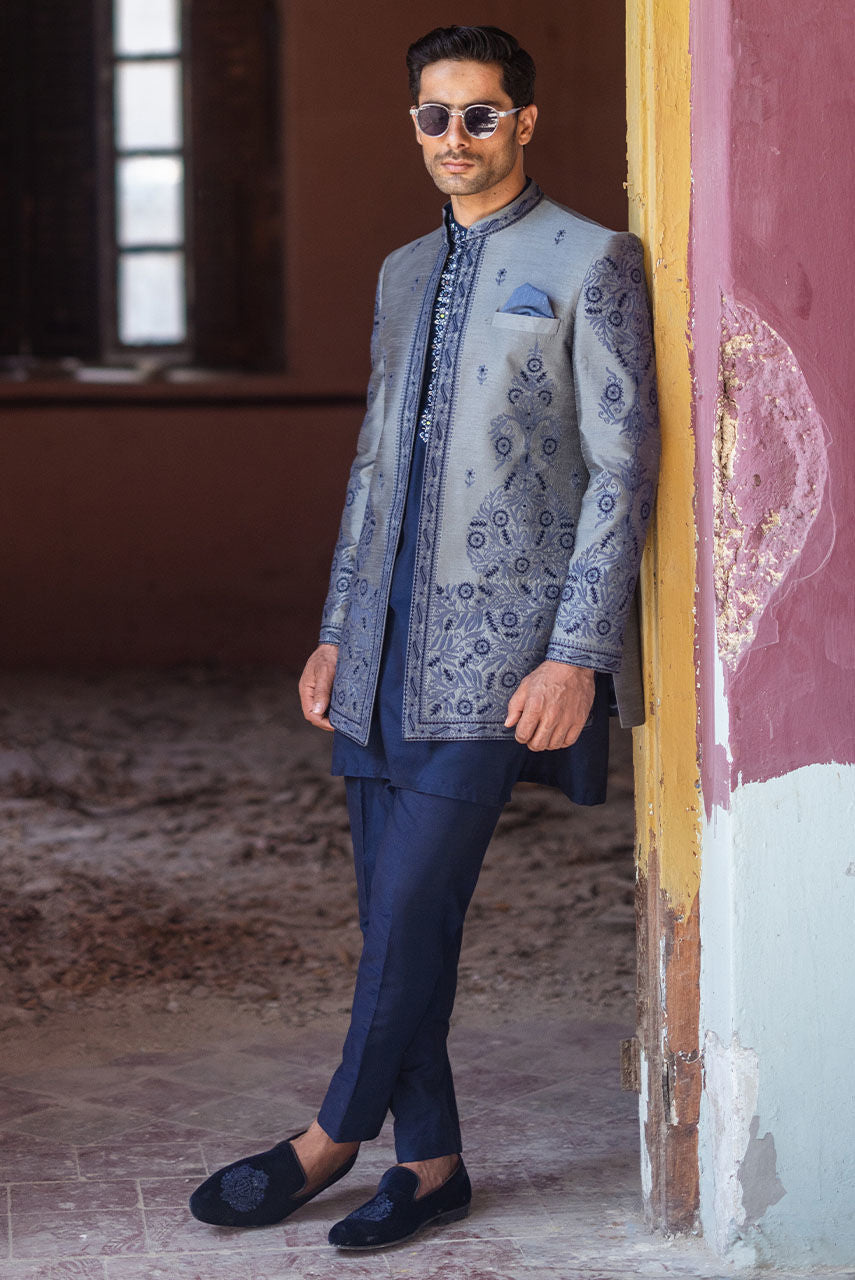 Silver Grey Raw Silk Jacket & Blue Kurta Pajama – JKT1442