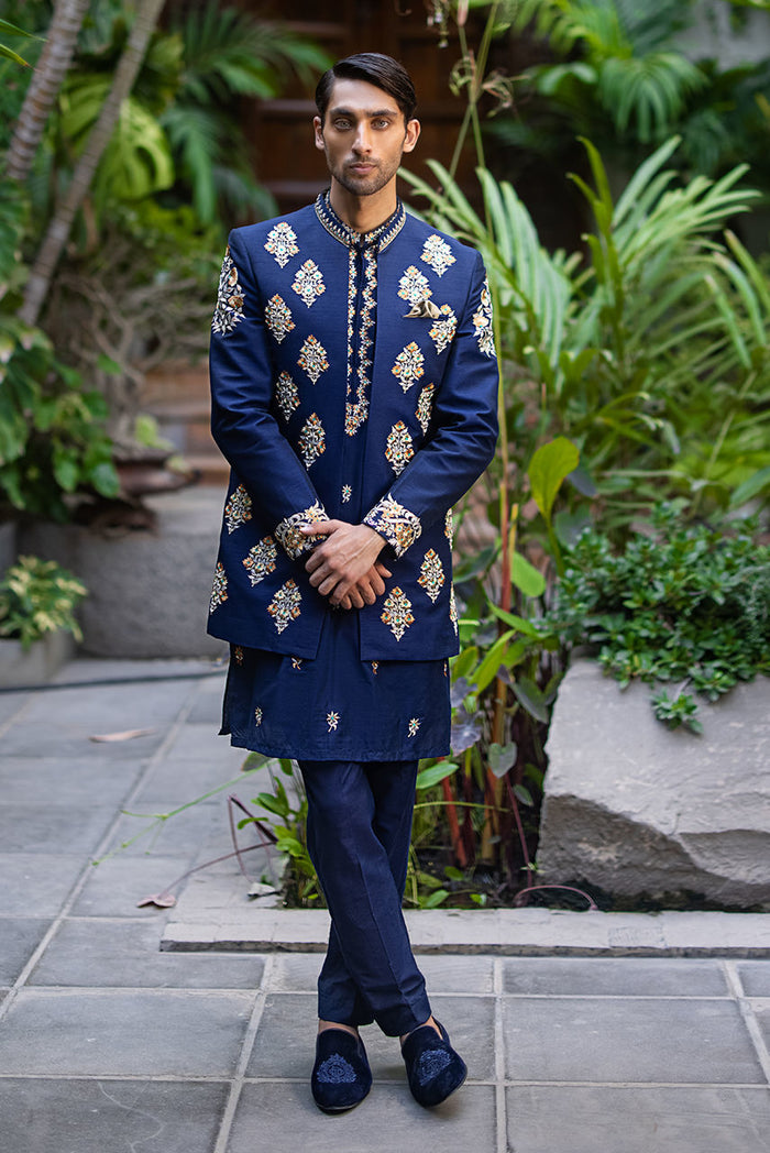 Blue Raw Silk Embroidered Jacket & Kurta Pajama – JKT1438
