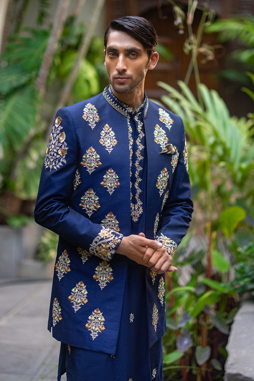 Blue Raw Silk Embroidered Jacket & Kurta Pajama – JKT1438