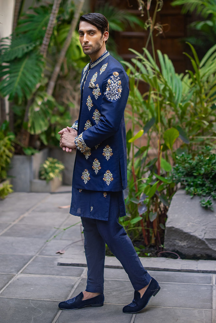 Blue Raw Silk Embroidered Jacket & Kurta Pajama – JKT1438