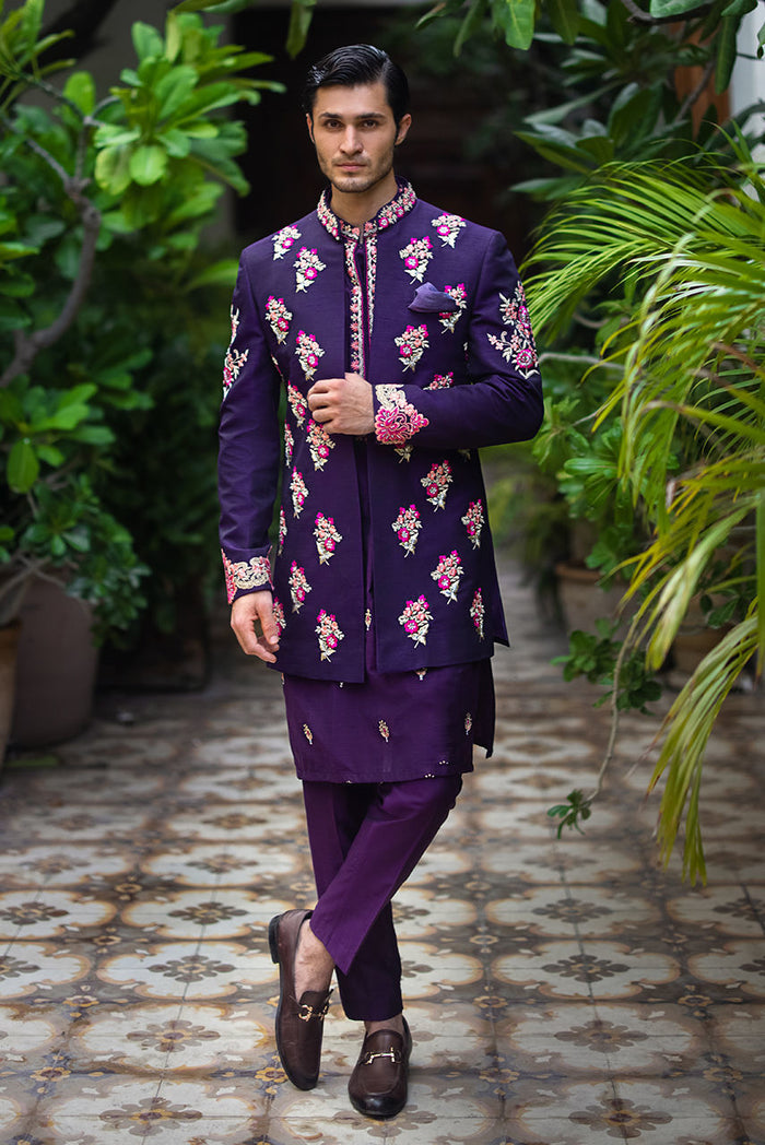 Purple Raw Silk Embroidered Jacket & Kurta Pajama – JKT1440