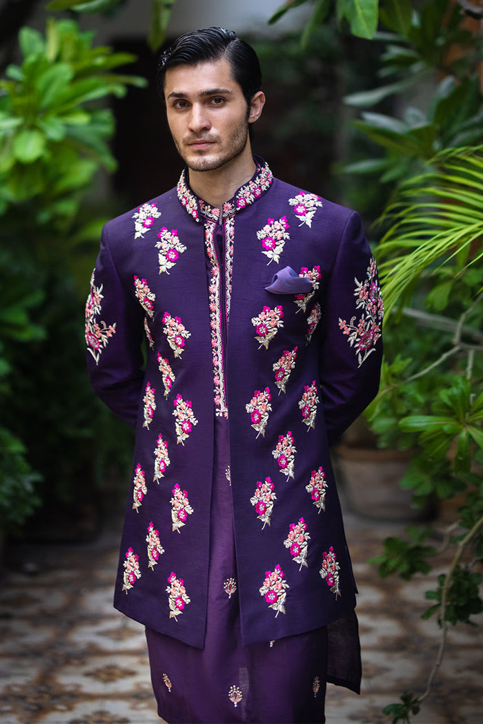Purple Raw Silk Embroidered Jacket & Kurta Pajama – JKT1440