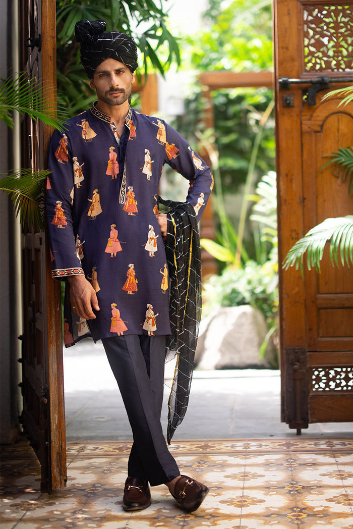 Navy Blue Printed Maharaja Kurta Pajama – KUR1380