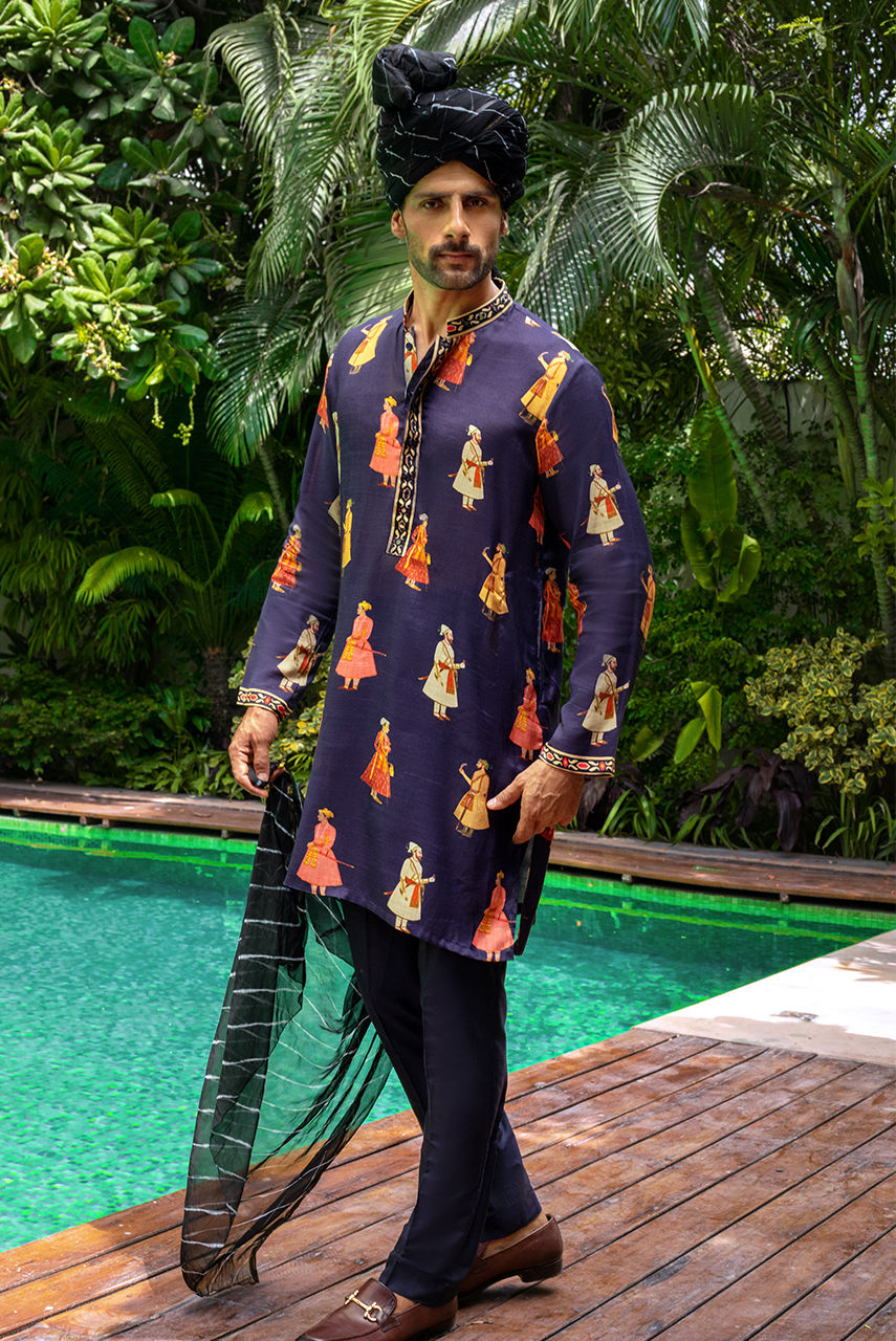 Navy Blue Printed Maharaja Kurta Pajama – KUR1380