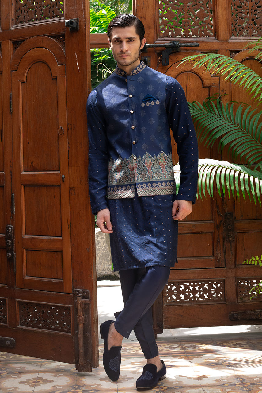 Royal Blue Kurta Pajama with Printed Waistcoat – JKT1462