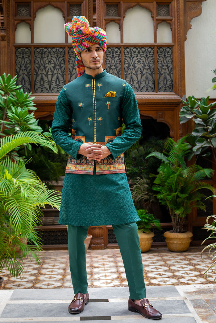 Green Chikan Kurta Pajama with Printed Waistcoat – JKT1476