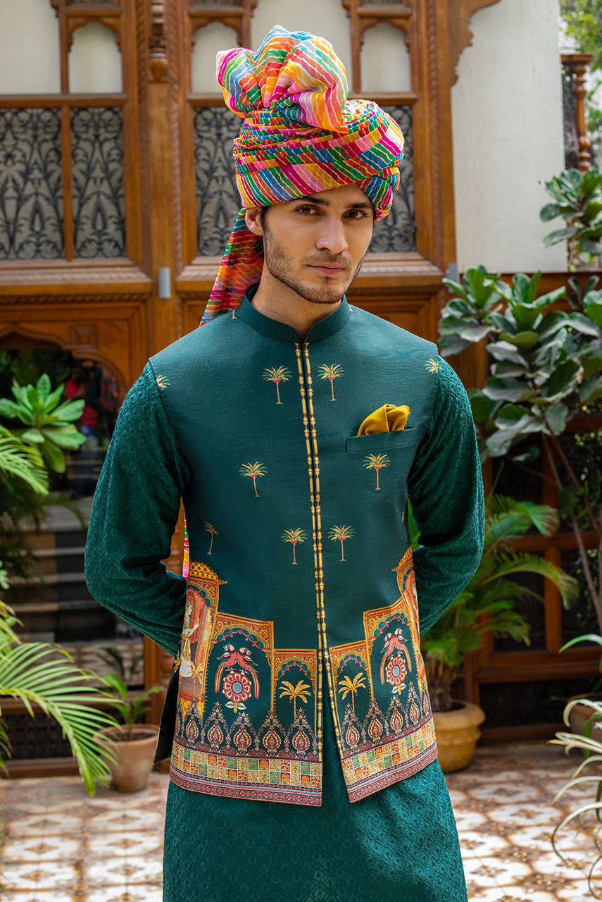 Green Chikan Kurta Pajama with Printed Waistcoat – JKT1476
