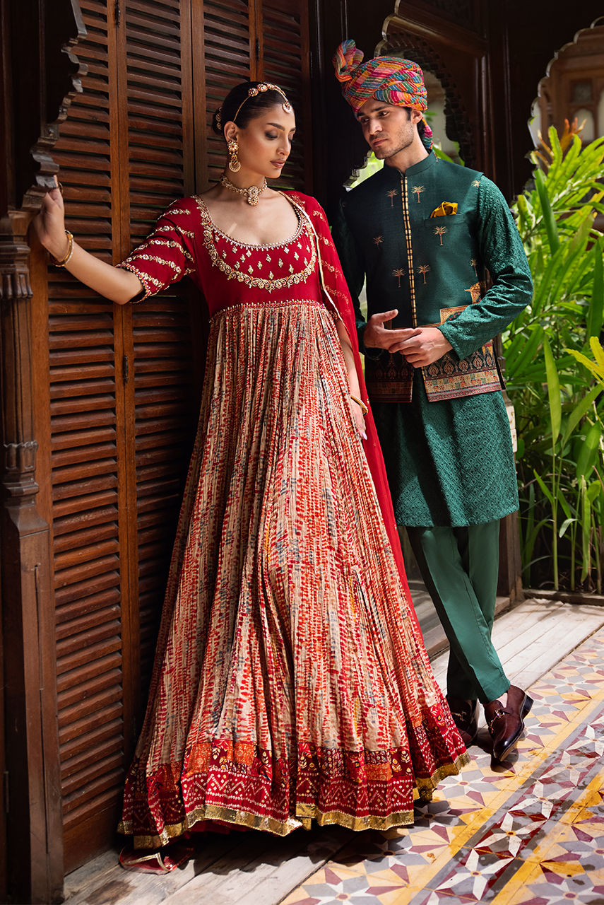Green Chikan Kurta Pajama with Printed Waistcoat – JKT1476
