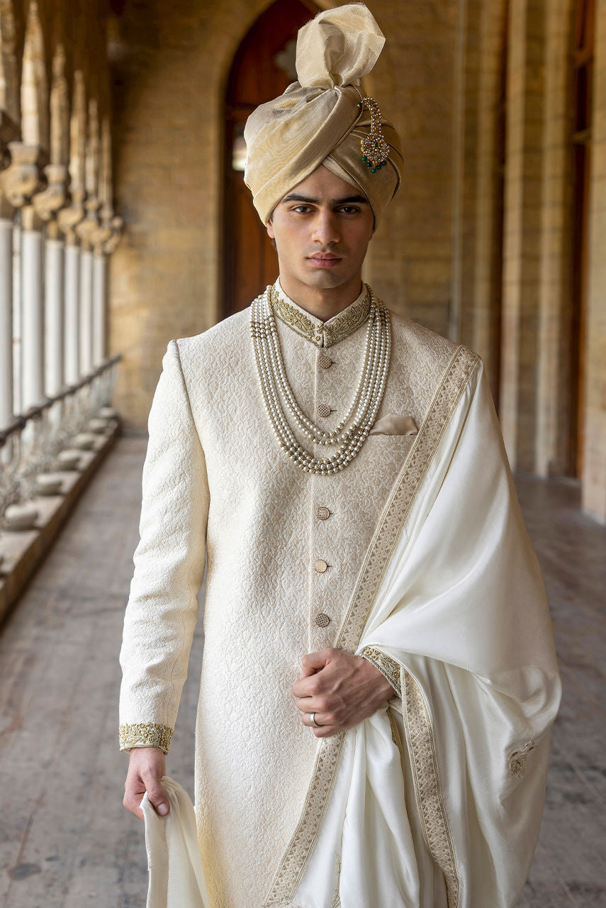Haider – Ivory Sherwani Set with Raw Silk Shawl