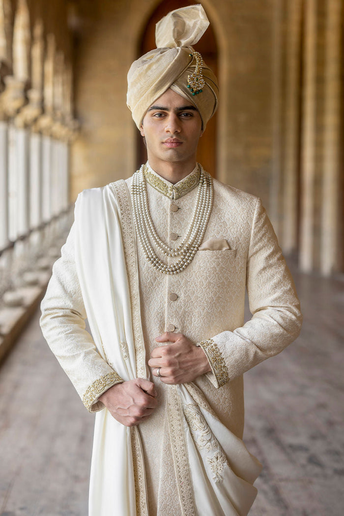 Haider – Ivory Sherwani Set with Raw Silk Shawl