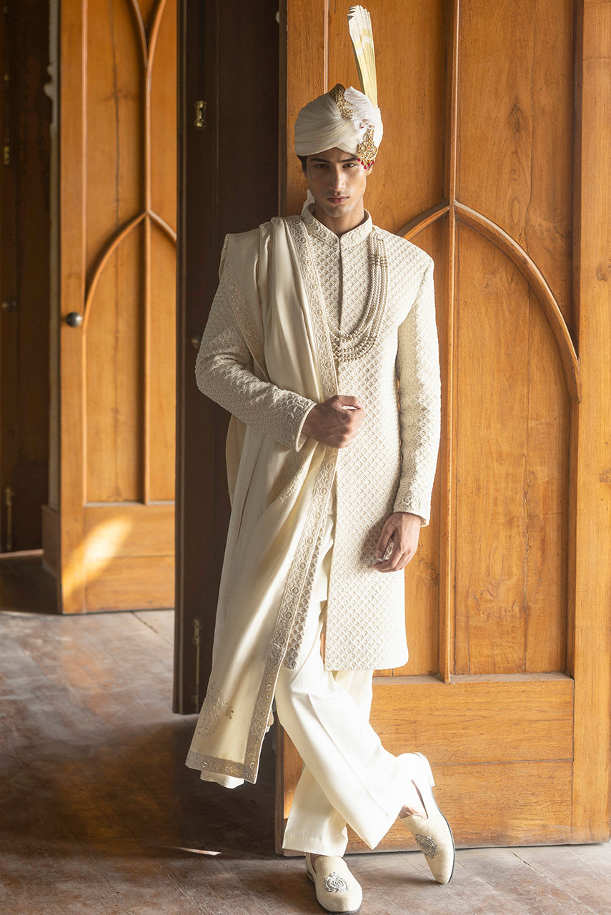 Pearl Symphony – Ivory Hand-Embroidered Sherwani Set