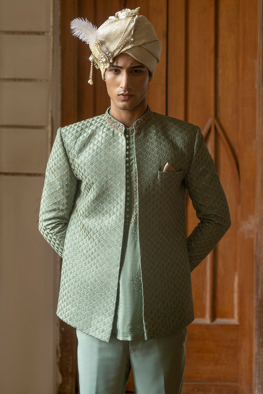 Jade – Sage Nehru Jacket & Raw Silk Kurta