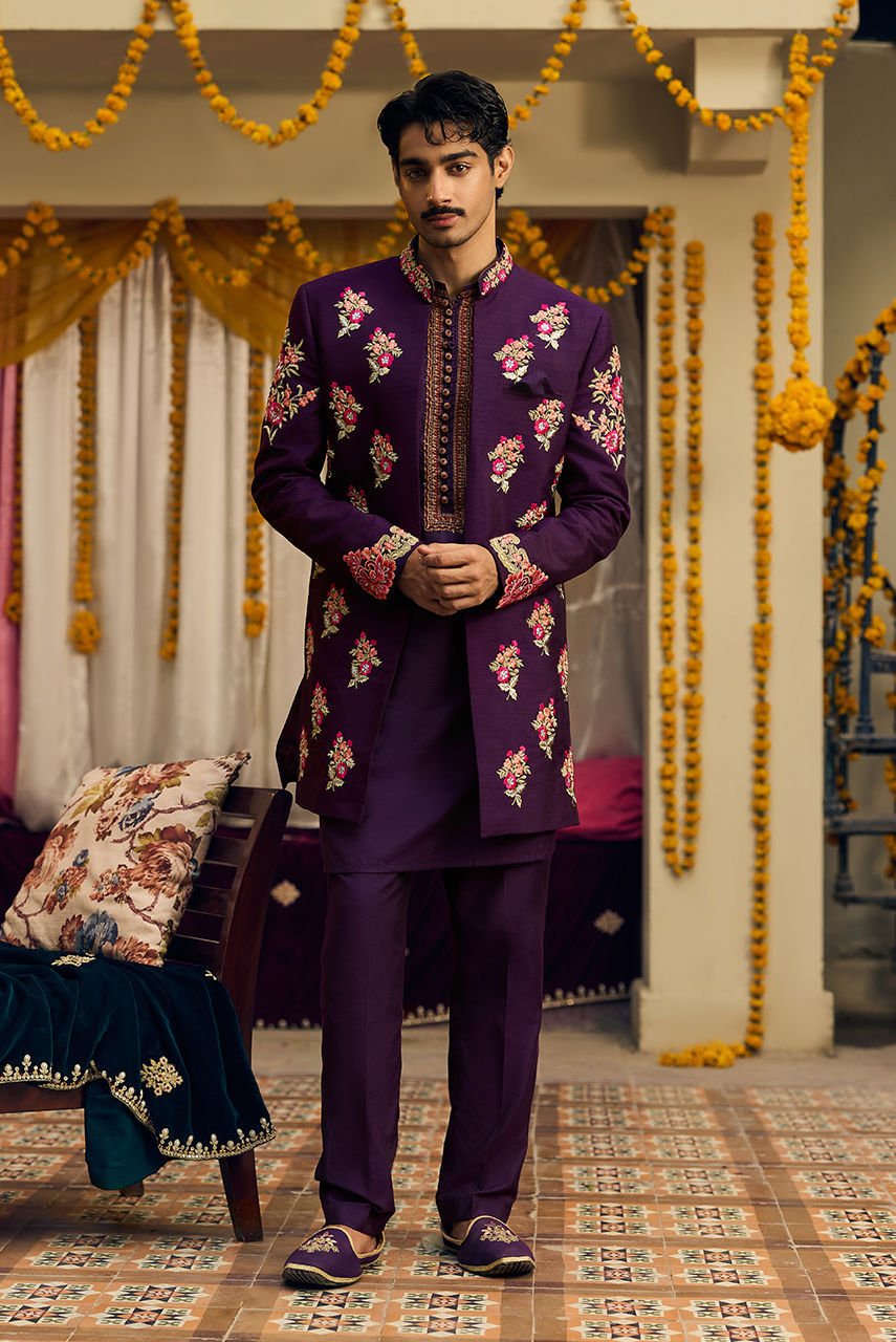Gul-e-Rana – Purple Raw Silk Jacket & Kurta Pajama