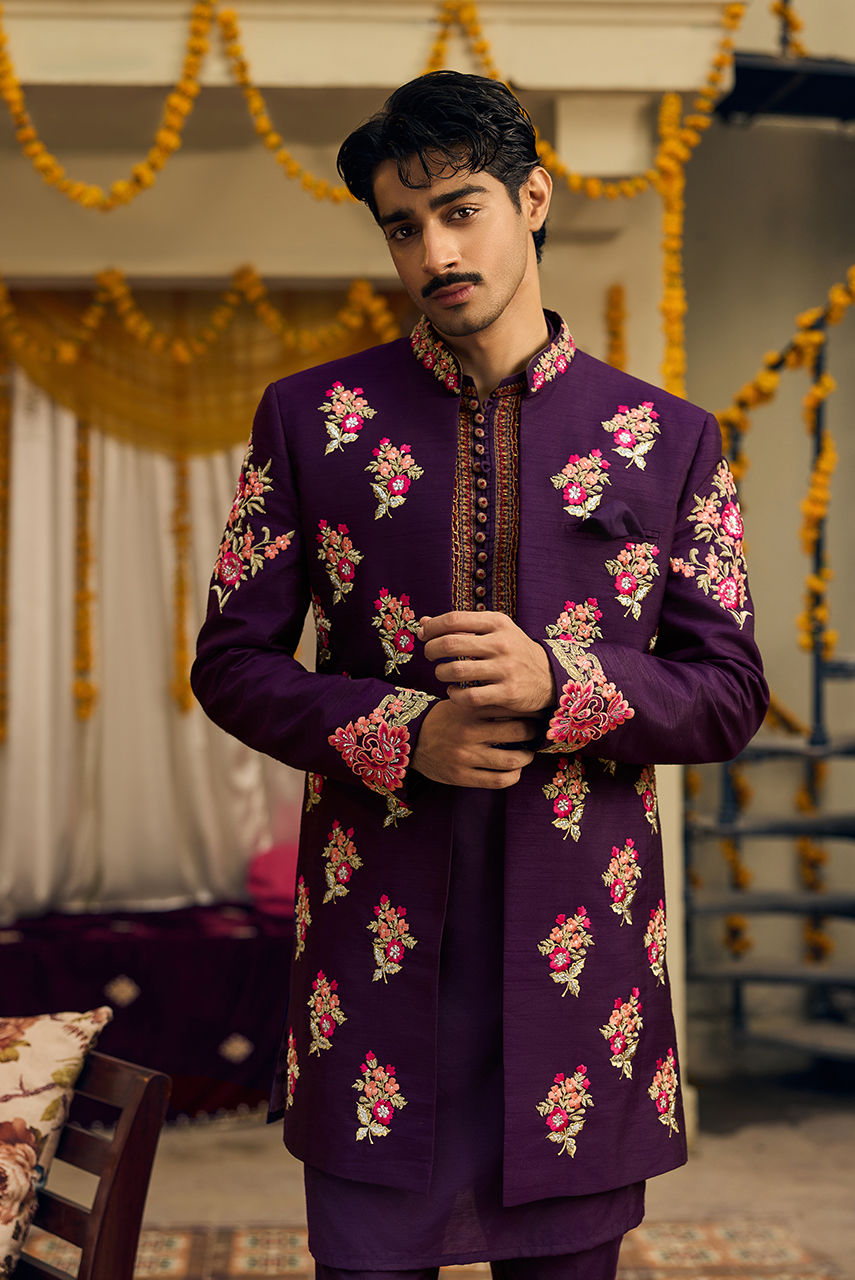 Gul-e-Rana – Purple Raw Silk Jacket & Kurta Pajama