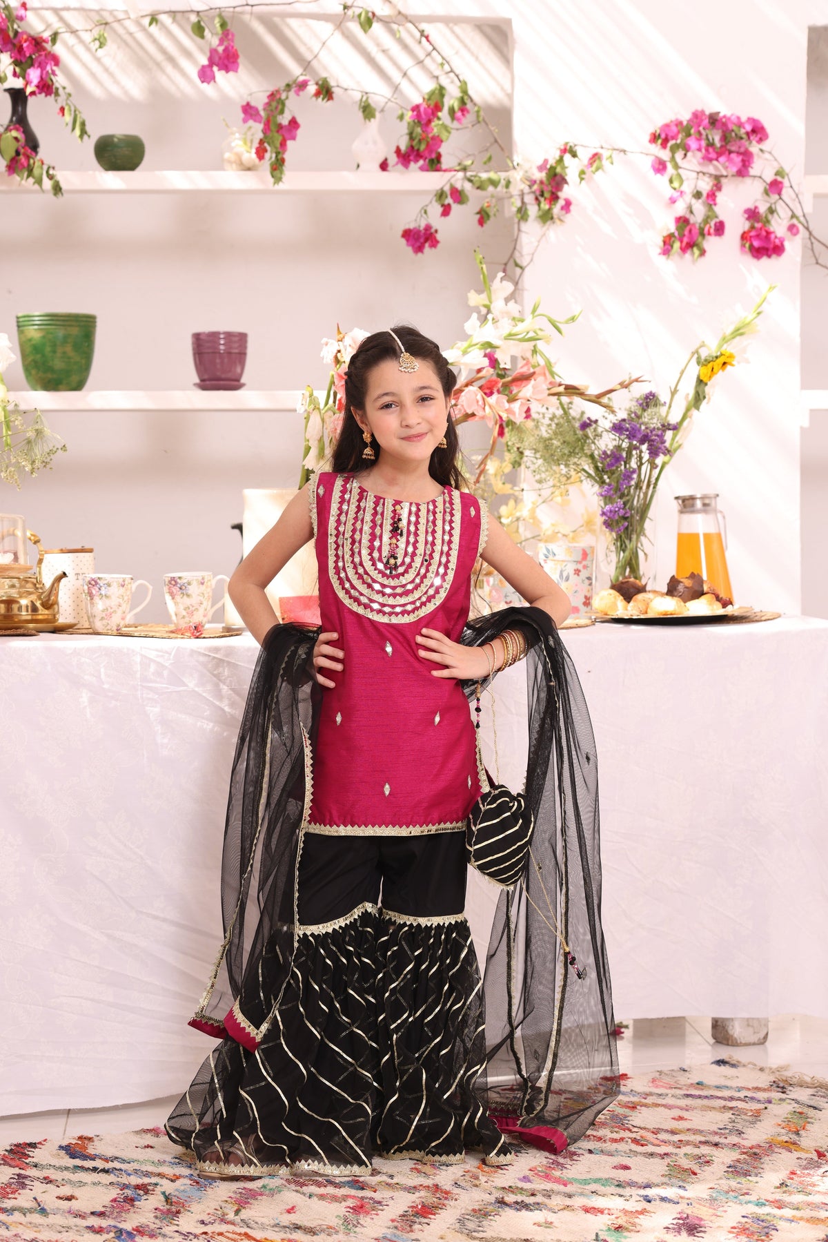 Mirror Embroidered Raw Silk & Net Gharara Suit