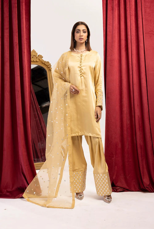 Shamooz Silk  Suit With Farshi Salwar and Embroidered Net Dupatta