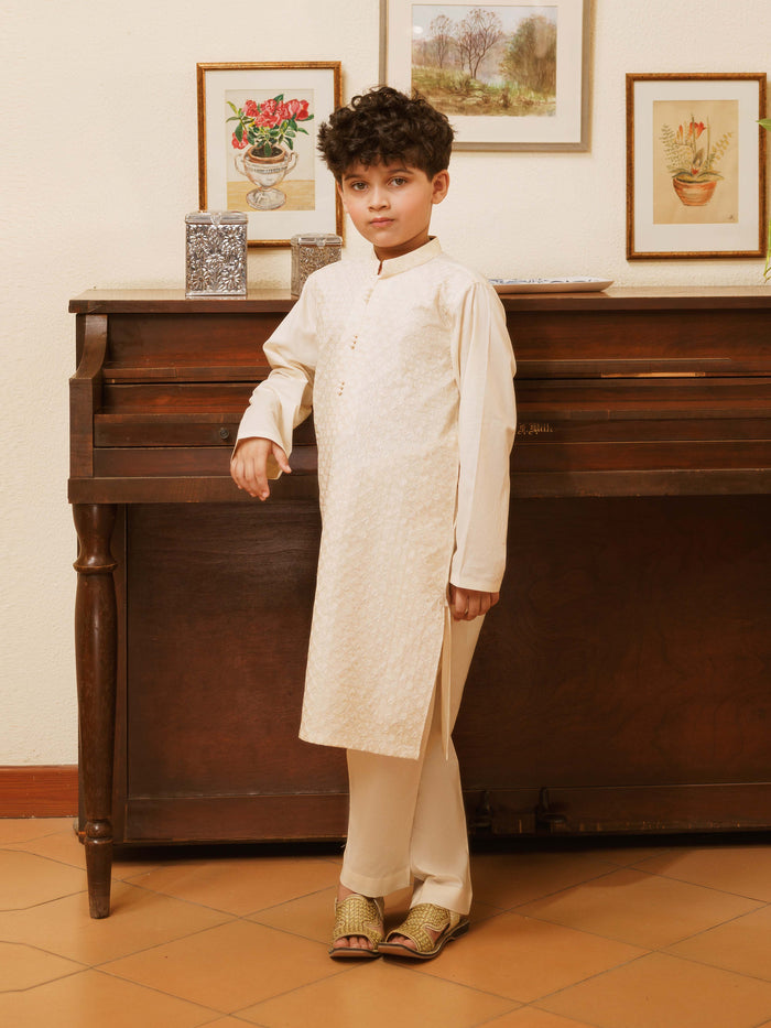 Cream Embroidered Cotton Kurta Pajama