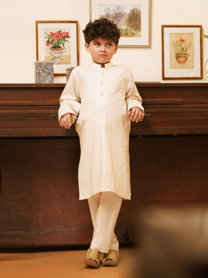 Cream Embroidered Cotton Kurta Pajama