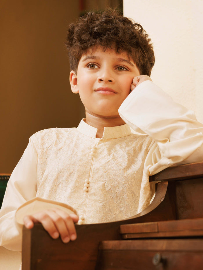 Cream Embroidered Cotton Kurta Pajama