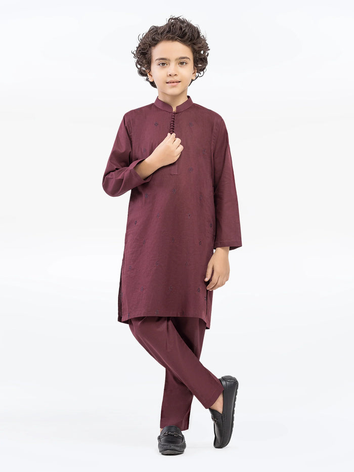 Maroon Embroidered Cotton Kurta Pajama