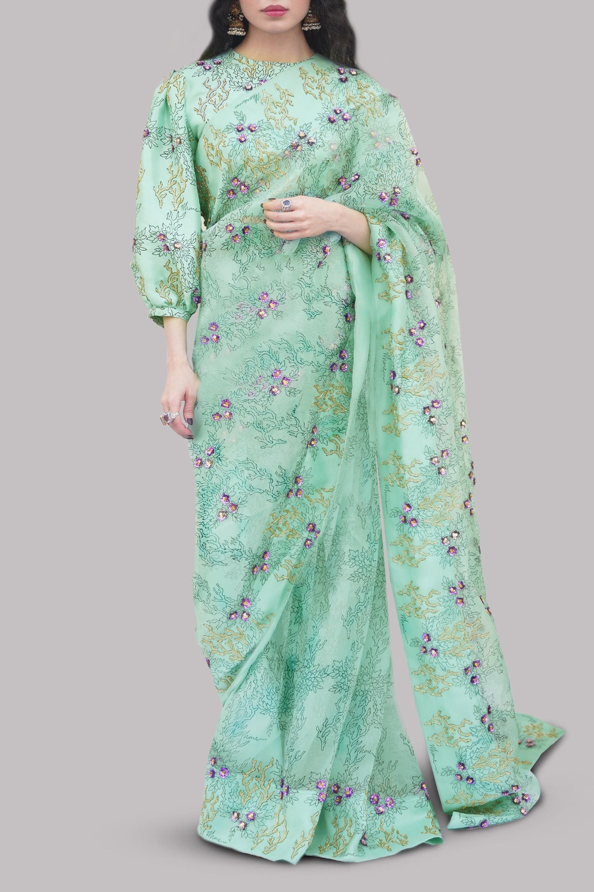 Brook Green Block Printed & Embellished Organza Sari