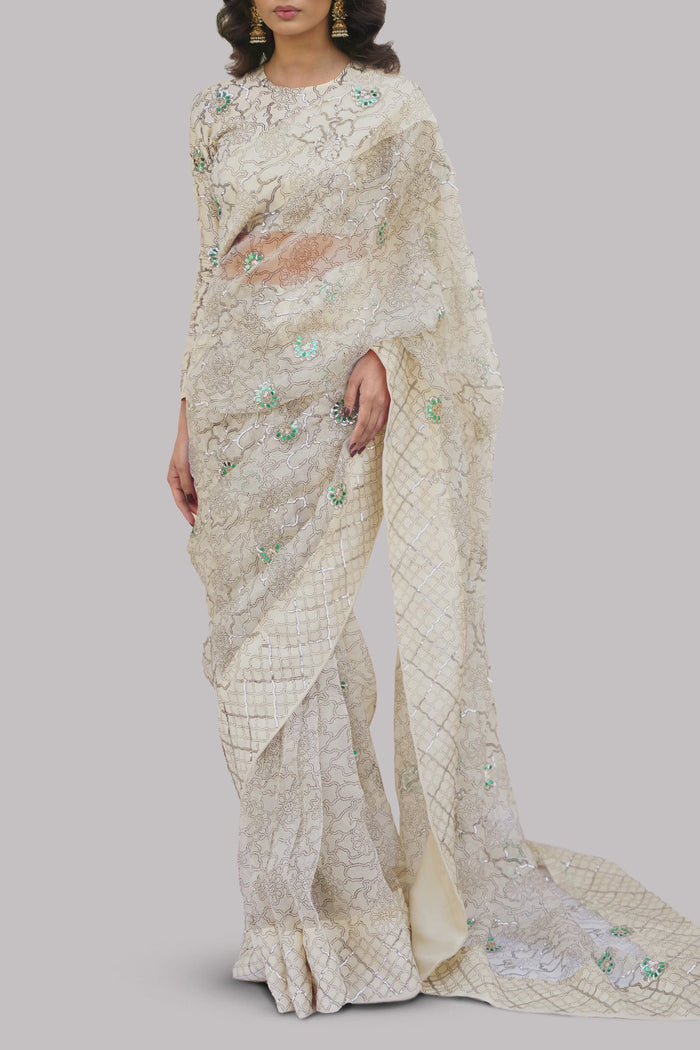 Afterglow Block Printed and Embellished Organza Sari