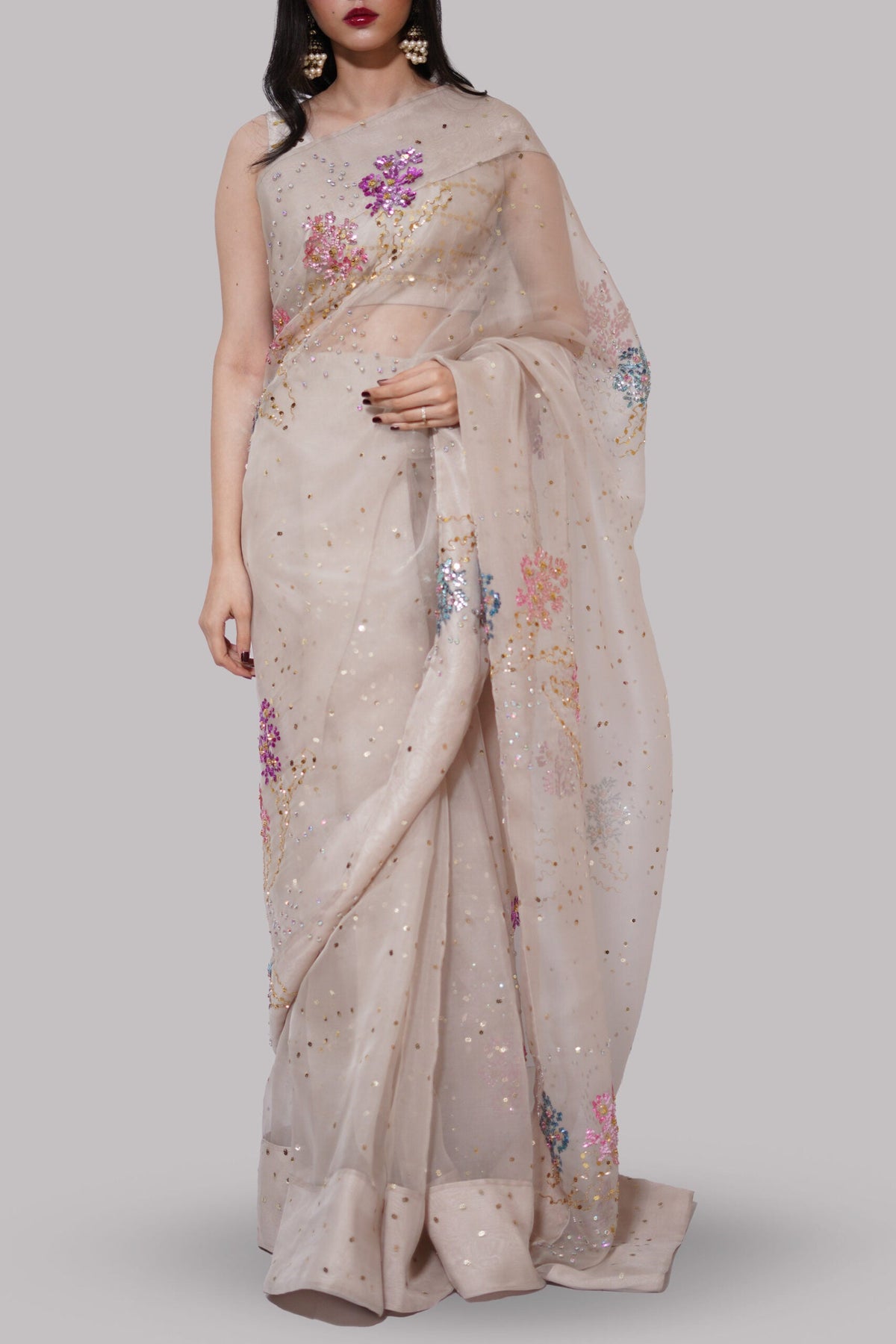 French Oak Embellished Organza Sari