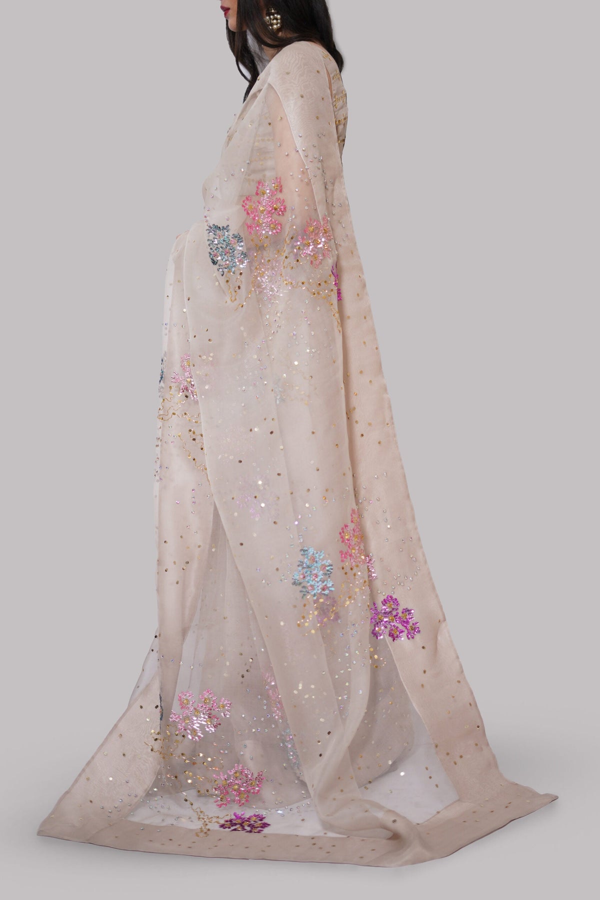 French Oak Embellished Organza Sari