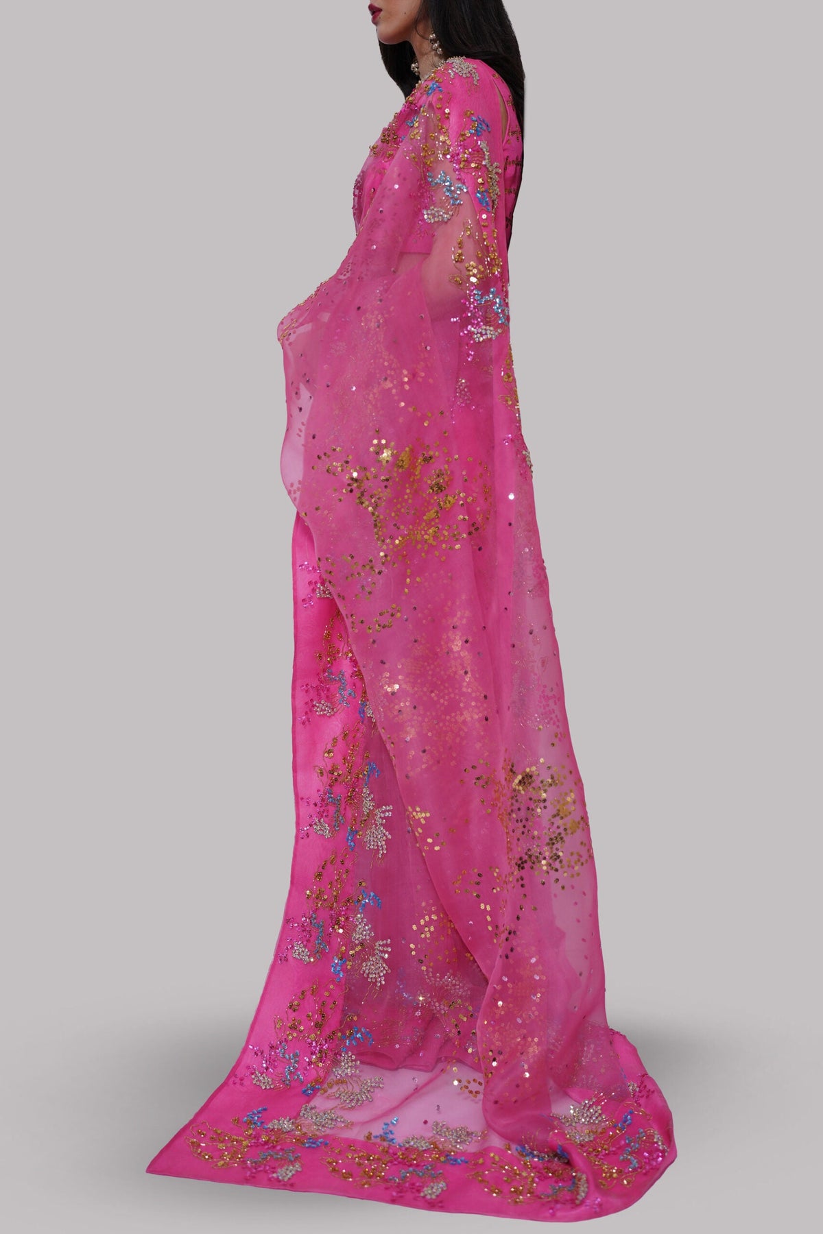 Hot Pink Embellished Organza Sari