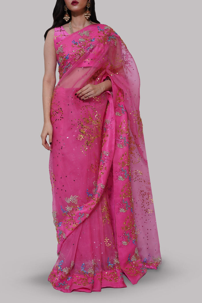Hot Pink Embellished Organza Sari
