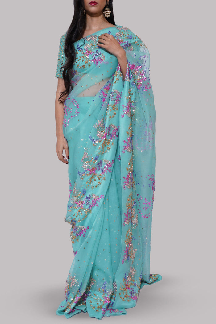 Leisure Time Cyan Embellished Organza Sari