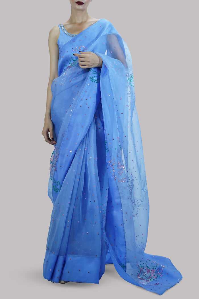 Cornflower Blue Embellished Organza Sari