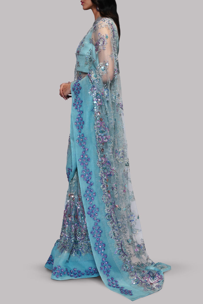 Cabana Blue Embellished Chantilly Lace Sari