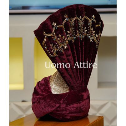 Customized Maroon Velvet Turban with Embellishments