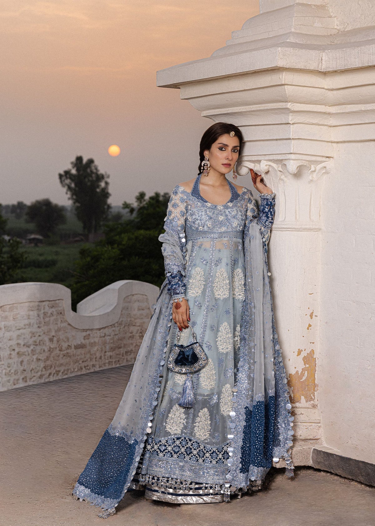 Hussain Rehar Mehtab ice blue pashwas