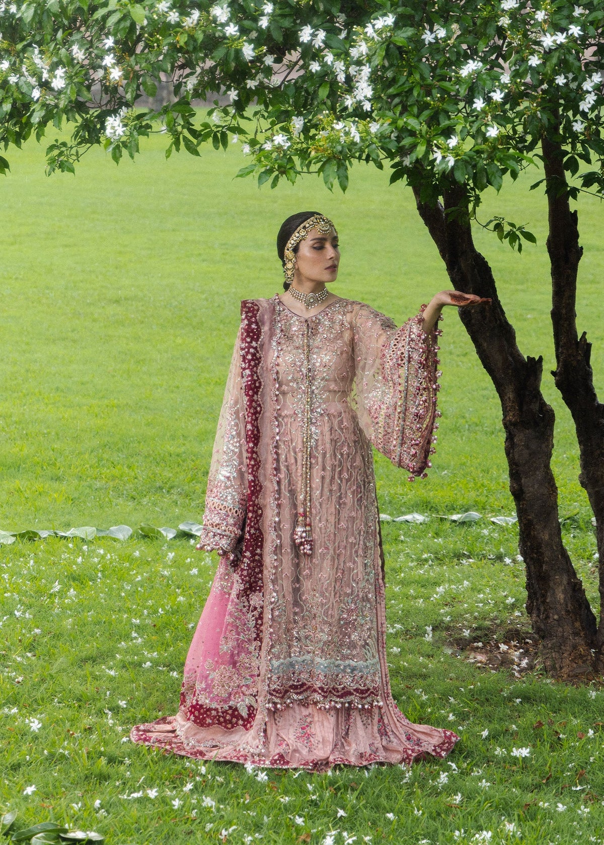 Hussain Rehar Gulrukh powder pink net shirt