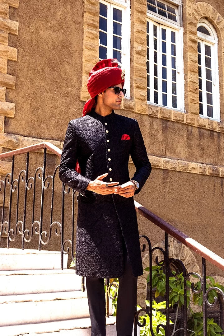 Black Embossed Sherwani