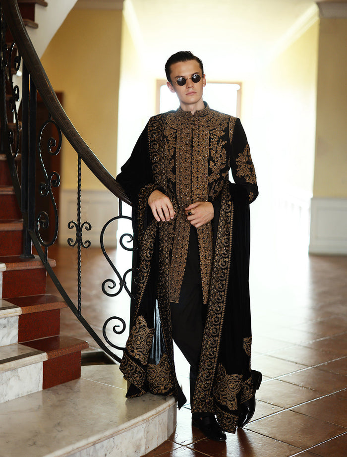 Black Hand Embroidered Short Length Sherwani