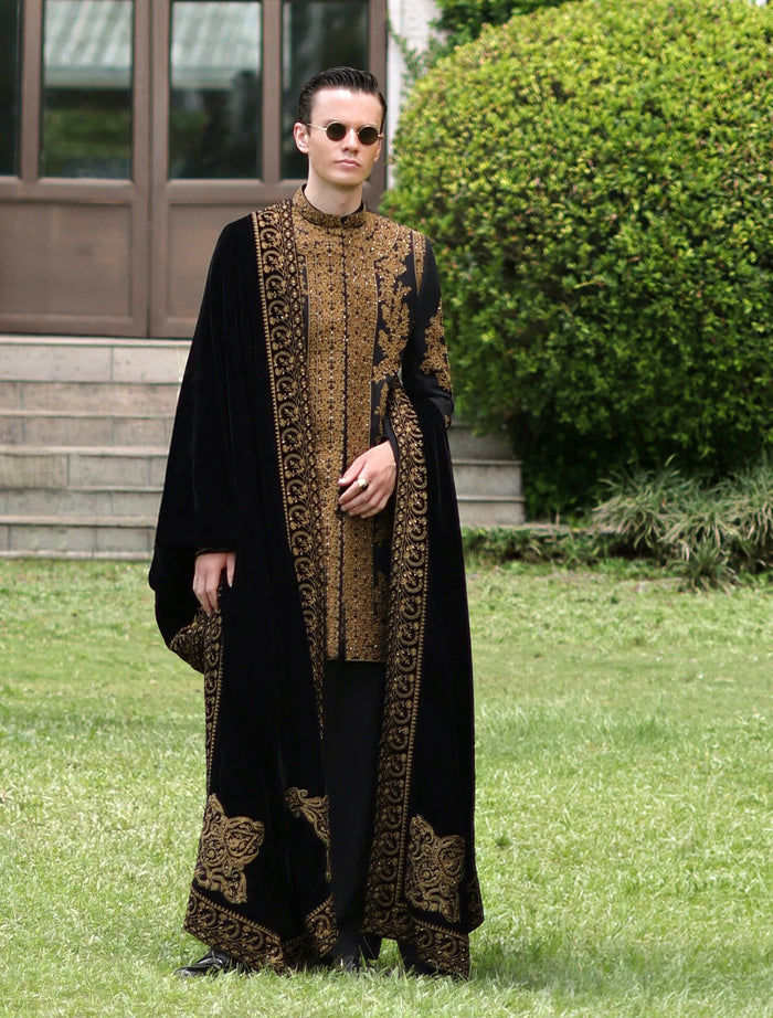 Black Hand Embroidered Short Length Sherwani