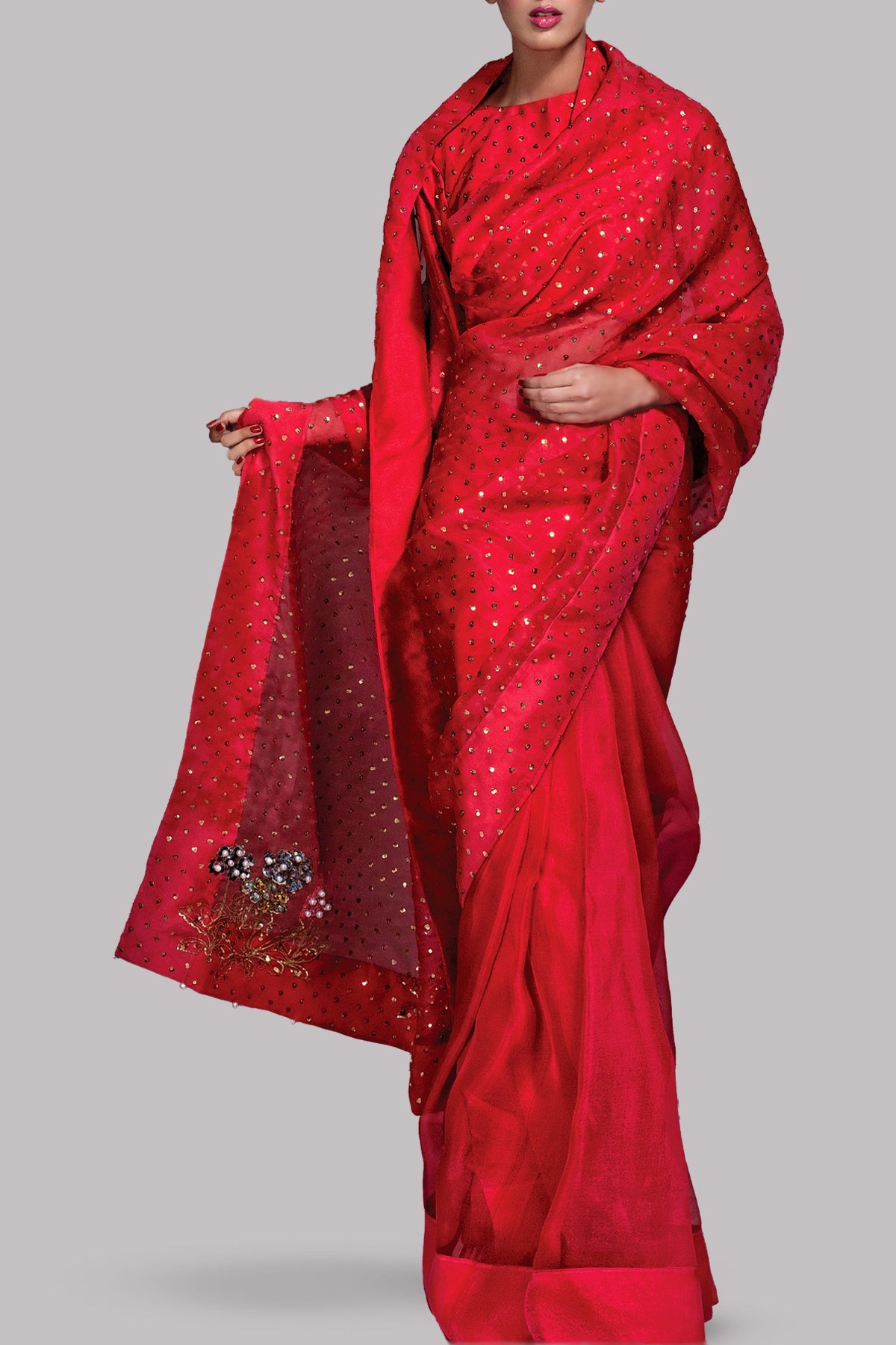 Tango Red Embellished Organza Sari