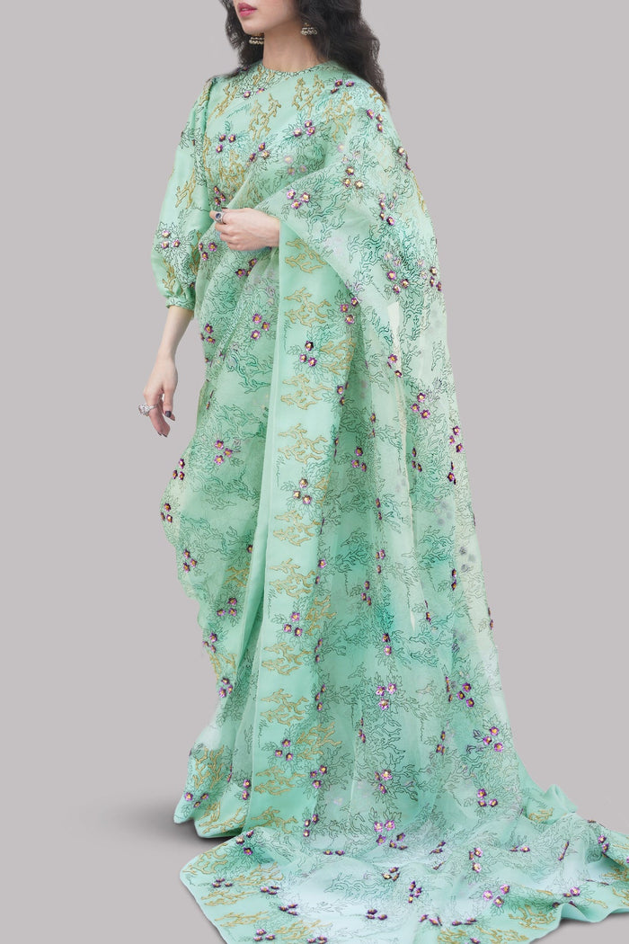 Brook Green Block Printed & Embellished Organza Sari