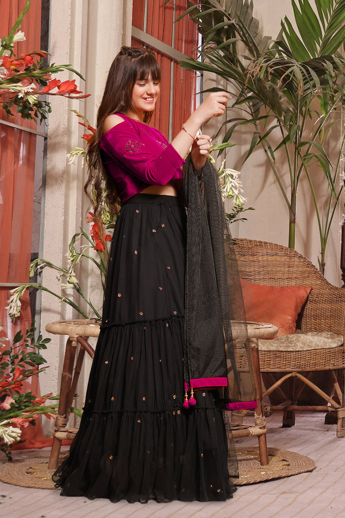 Embroidered Velvet Net Lehenga Choli — Magenta Black Velvet