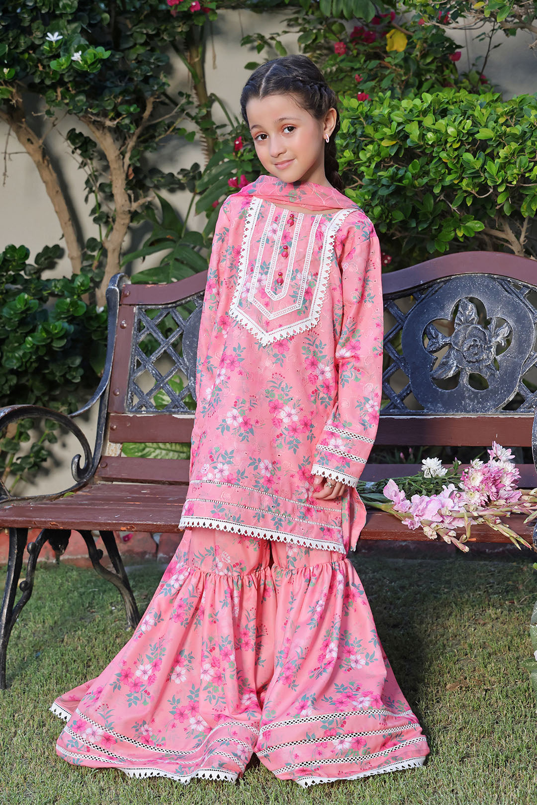 Floral Printed Lawn Chicken Kari 3pc Suit — Coral Pink